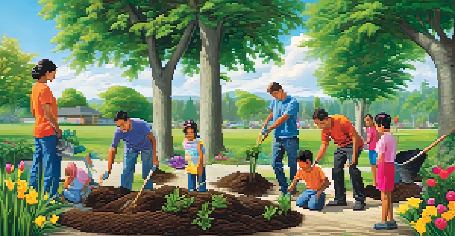 A family planting trees together in a park, surrounded by nature, showcasing community service and teamwork.