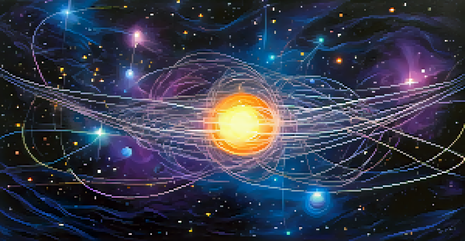 Glowing orbs representing particles connected by a light thread against a cosmic background filled with stars and galaxies.