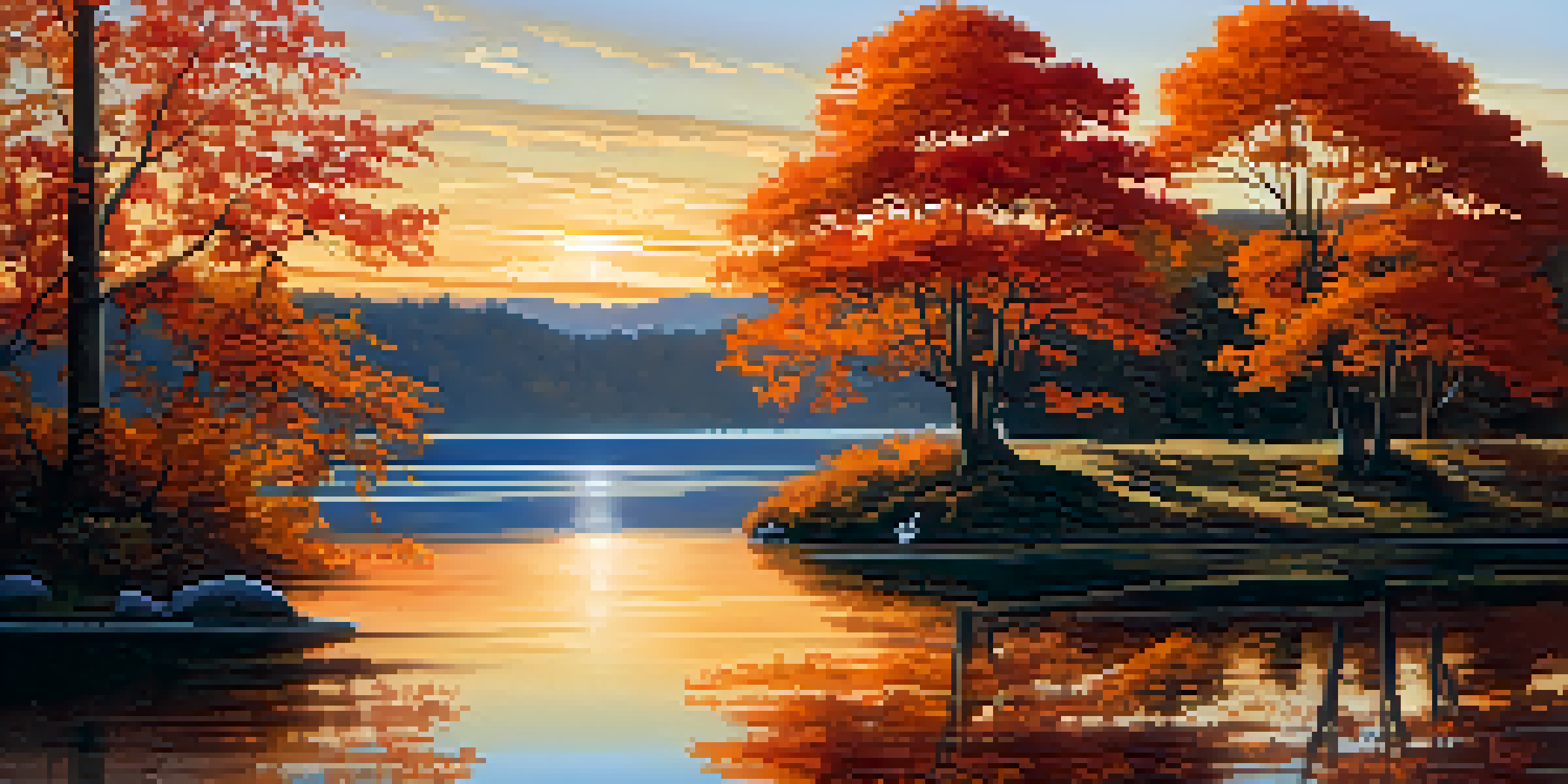A peaceful lake surrounded by colorful autumn trees at sunset.