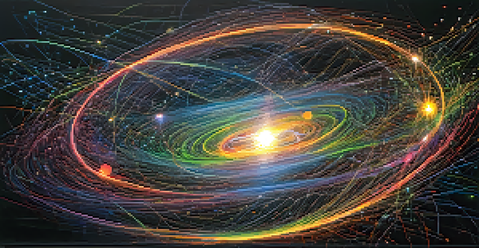 An abstract image showing colorful particles connected by luminous threads of light against a dark cosmic background, representing quantum entanglement.