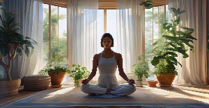 A person meditating in a tranquil room filled with plants and candles, surrounded by glowing orbs representing intentions.