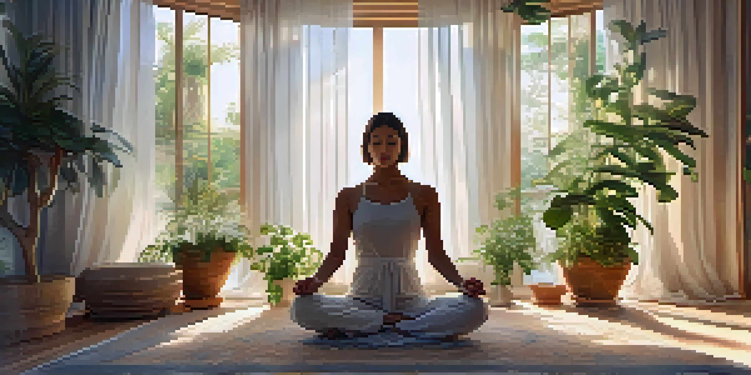 A person meditating in a tranquil room filled with plants and candles, surrounded by glowing orbs representing intentions.