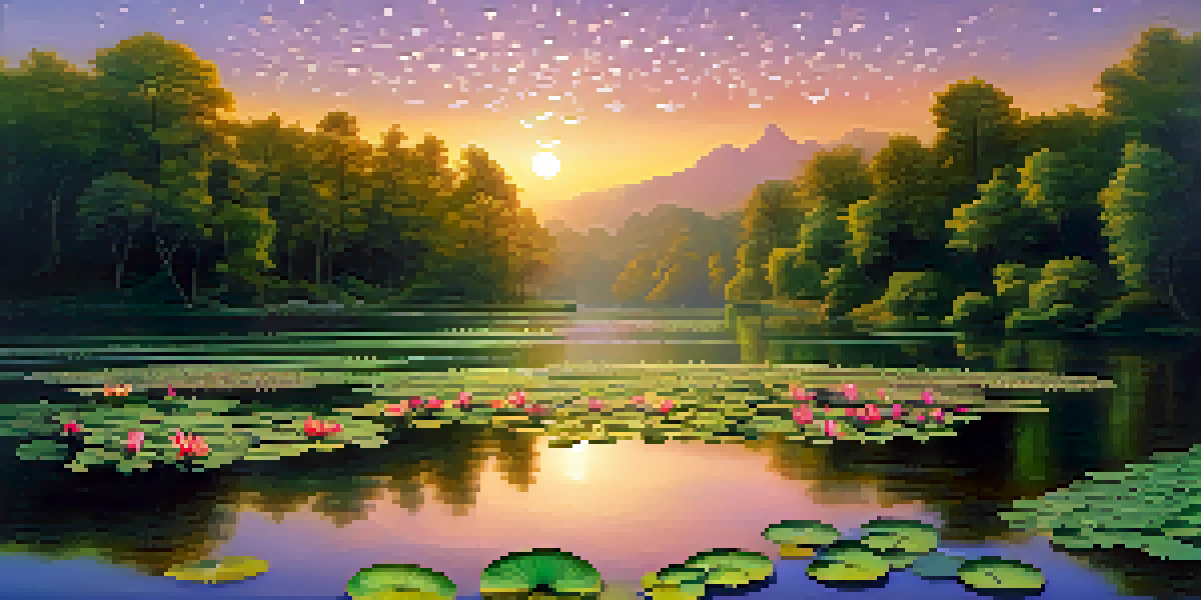 A peaceful landscape with a sunrise over a river, blooming lotus flowers in the foreground, and trees changing colors in the background.