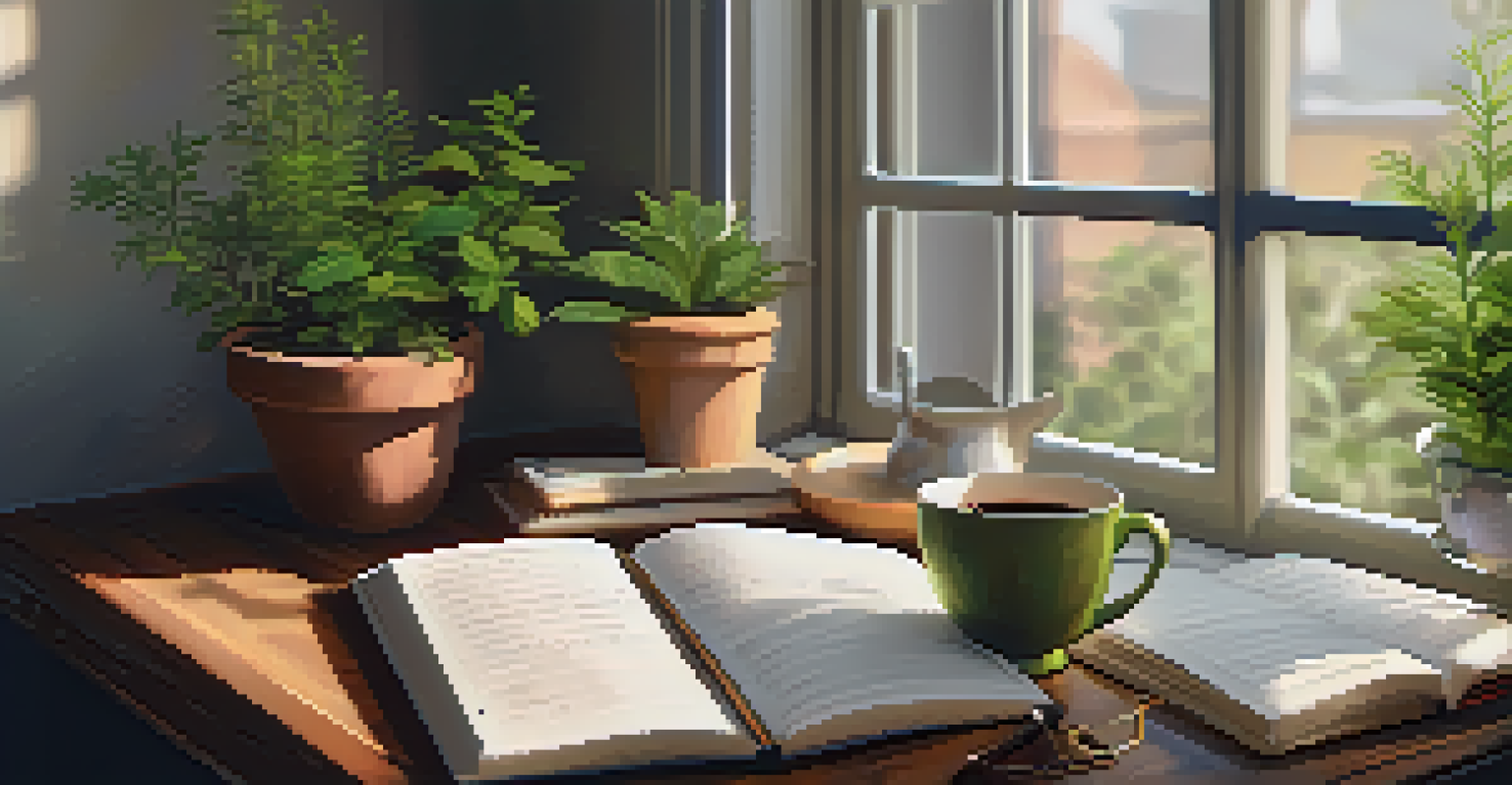A wooden desk with a notebook of affirmations, a cup of tea, and a plant in a sunlit room.