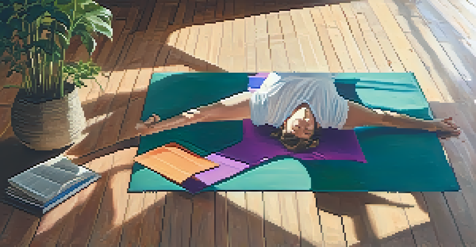 Close-up of hands in a yoga mudra position on a colorful mat, with sunlight and potted plants in the background.