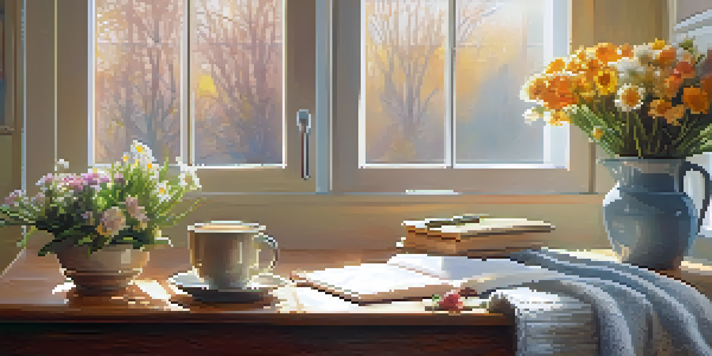 A cozy kitchen with sunlight, an open gratitude journal, a steaming cup of coffee, fresh flowers, and a knitted blanket.