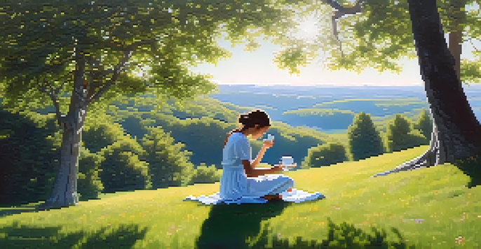 A person meditating on a grassy hill while sipping tea, surrounded by nature and sunlight.