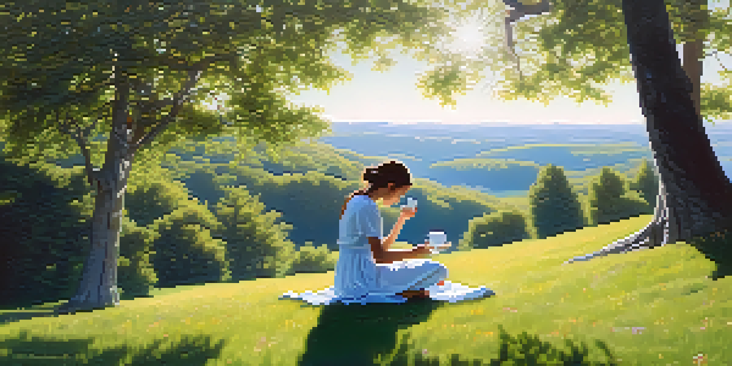 A person meditating on a grassy hill while sipping tea, surrounded by nature and sunlight.