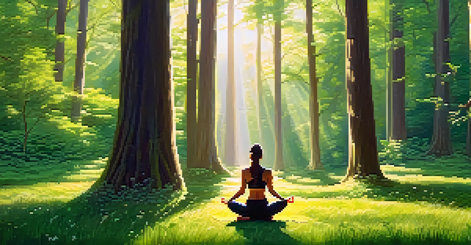 A person practicing yoga in a sunlit forest clearing surrounded by green plants and trees.