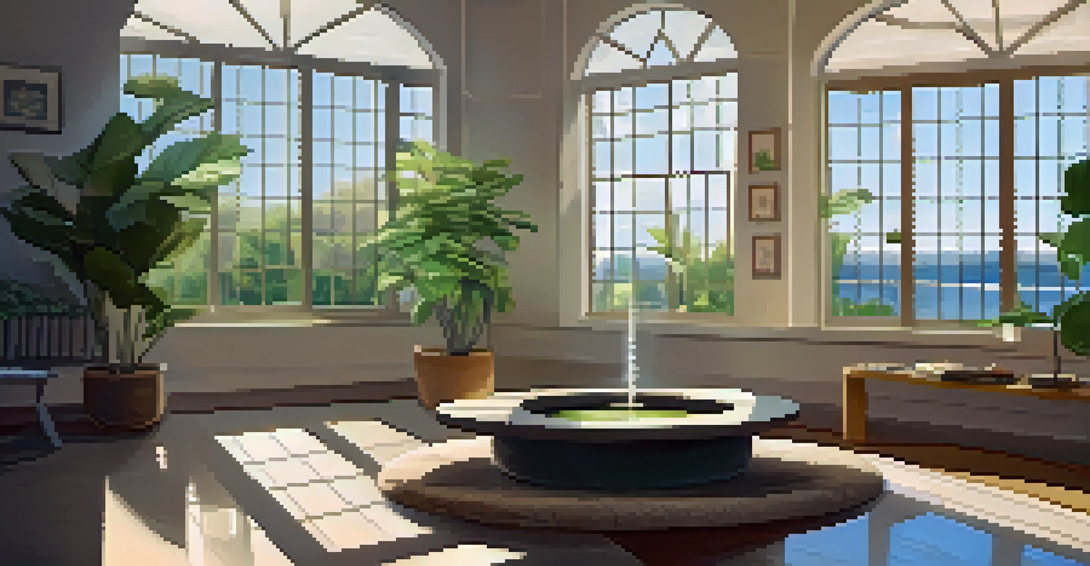 A cozy indoor meditation space with cushions, a water fountain, and plants, illuminated by natural light from large windows.