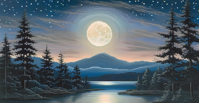 A tranquil night scene with a full moon and stars illuminating the landscape, framed by silhouetted trees.