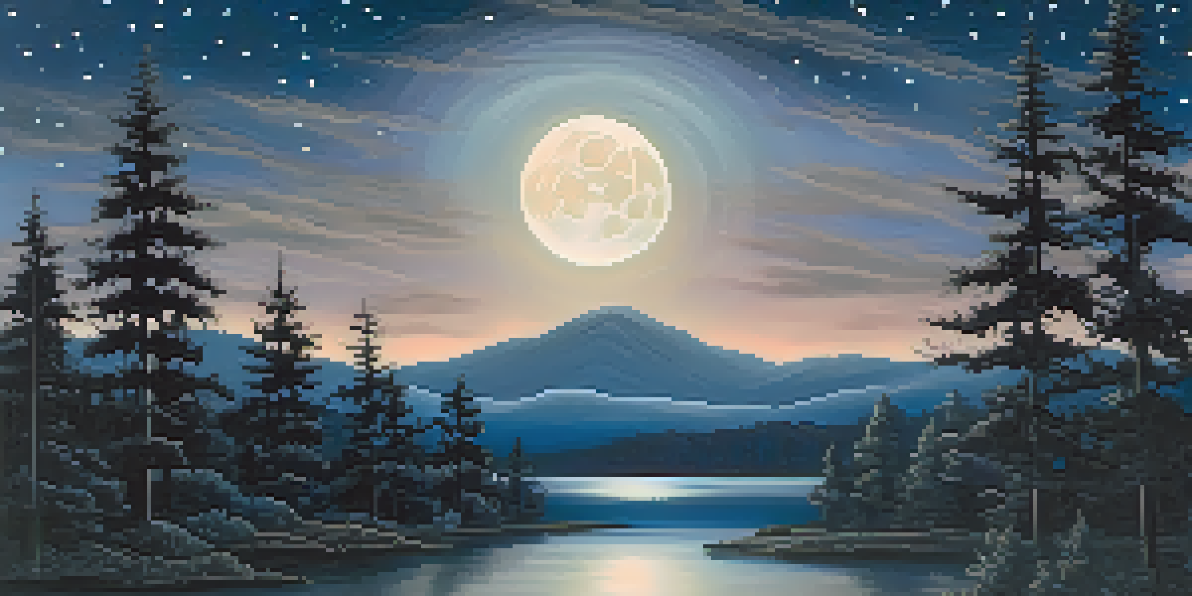 A tranquil night scene with a full moon and stars illuminating the landscape, framed by silhouetted trees.