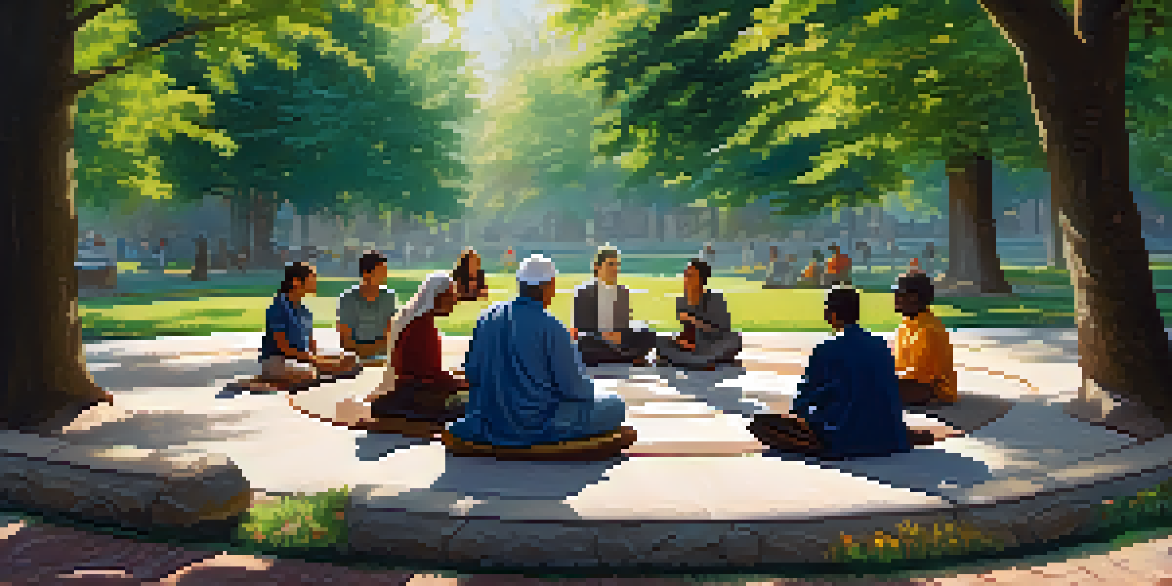 A diverse group of individuals from different faith backgrounds sitting in a circle in a park, engaged in a peaceful dialogue, surrounded by nature.