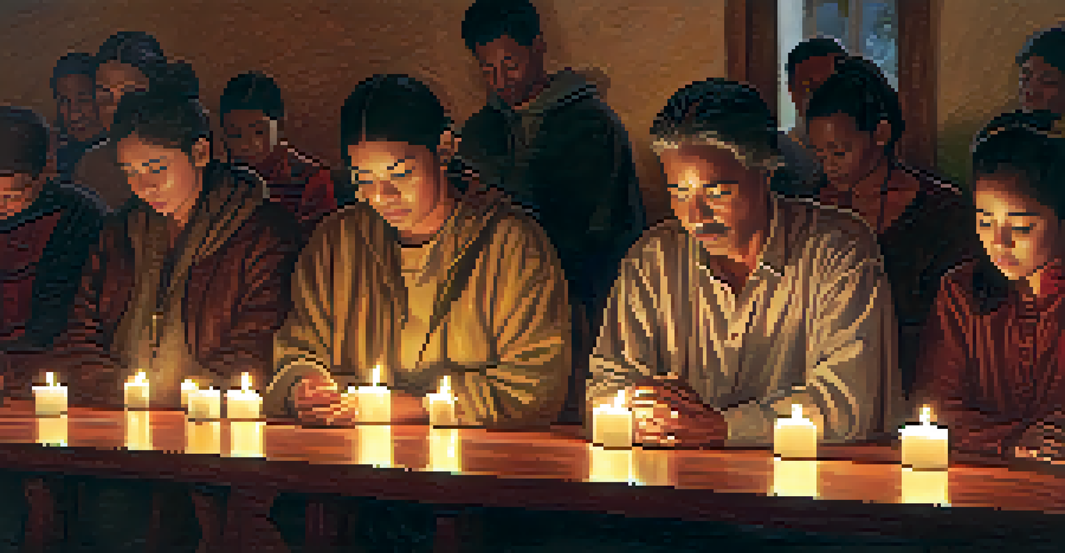 An indoor prayer gathering with candles, showing a diverse group of people seated together with heads bowed in reflection.