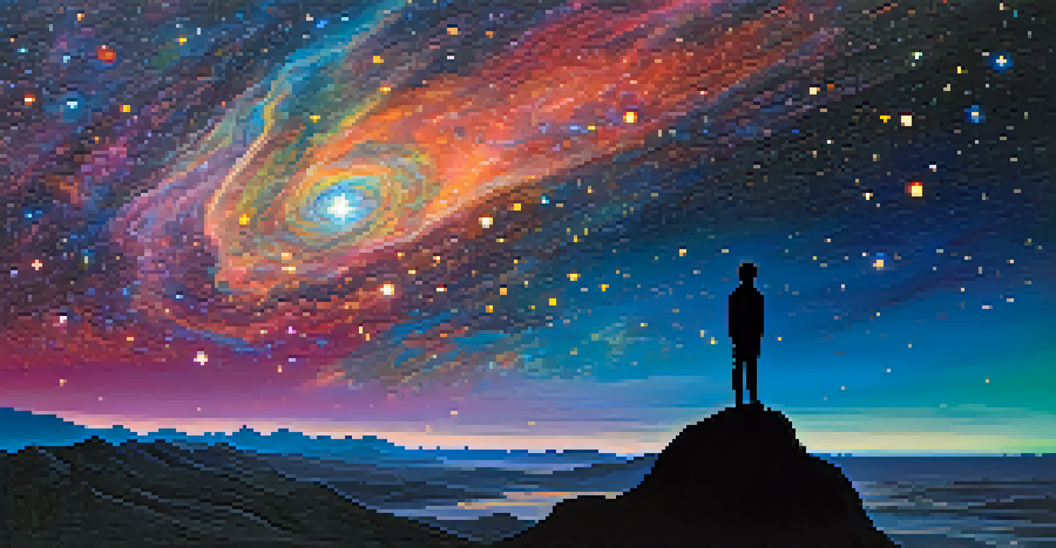 A silhouette of a person at a cliff edge gazing at a colorful, starry sky symbolizing unity and spirituality.