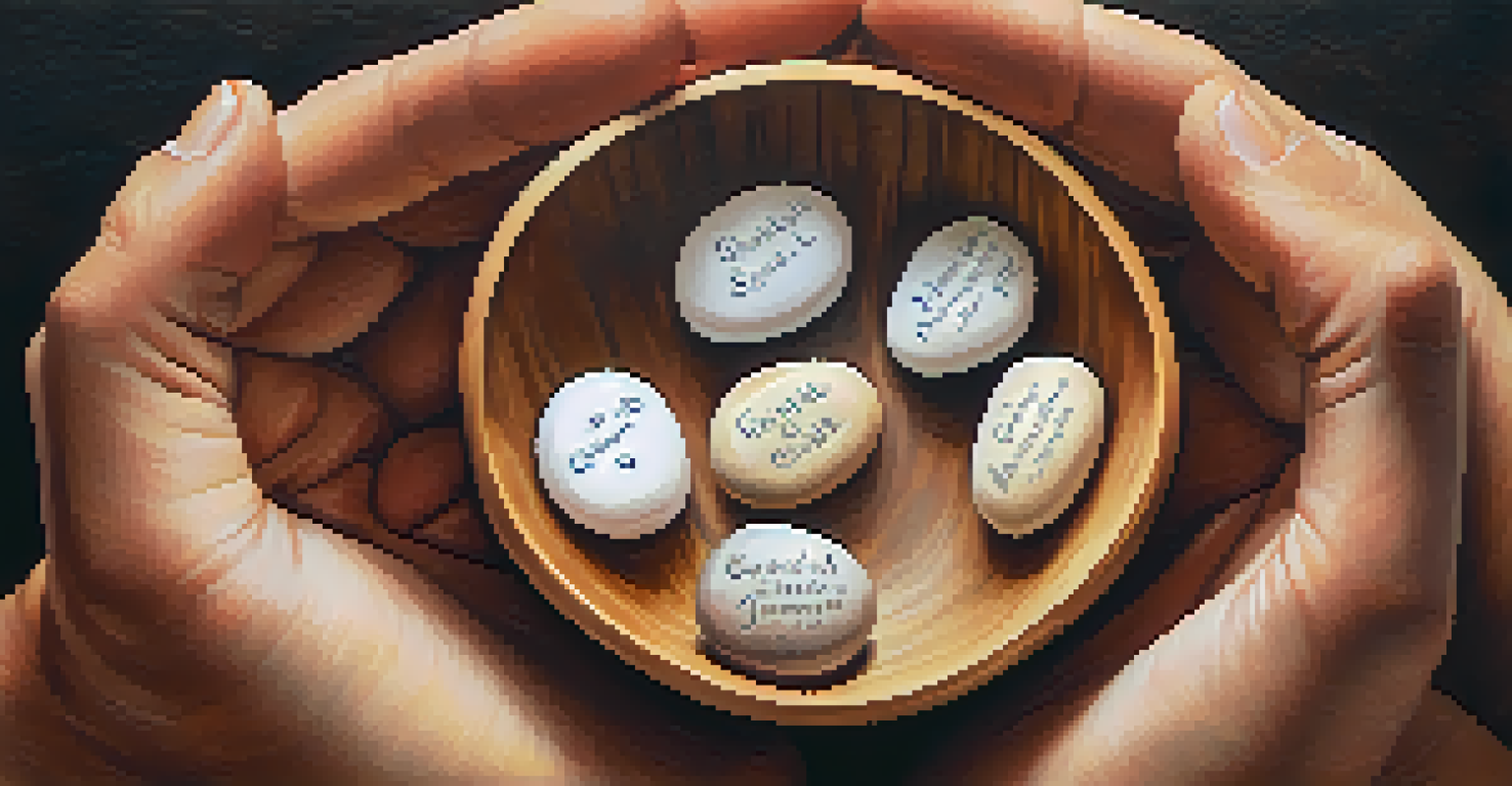 Hands holding a bowl of gratitude stones, each stone has a positive word inscribed, set against a warm background.