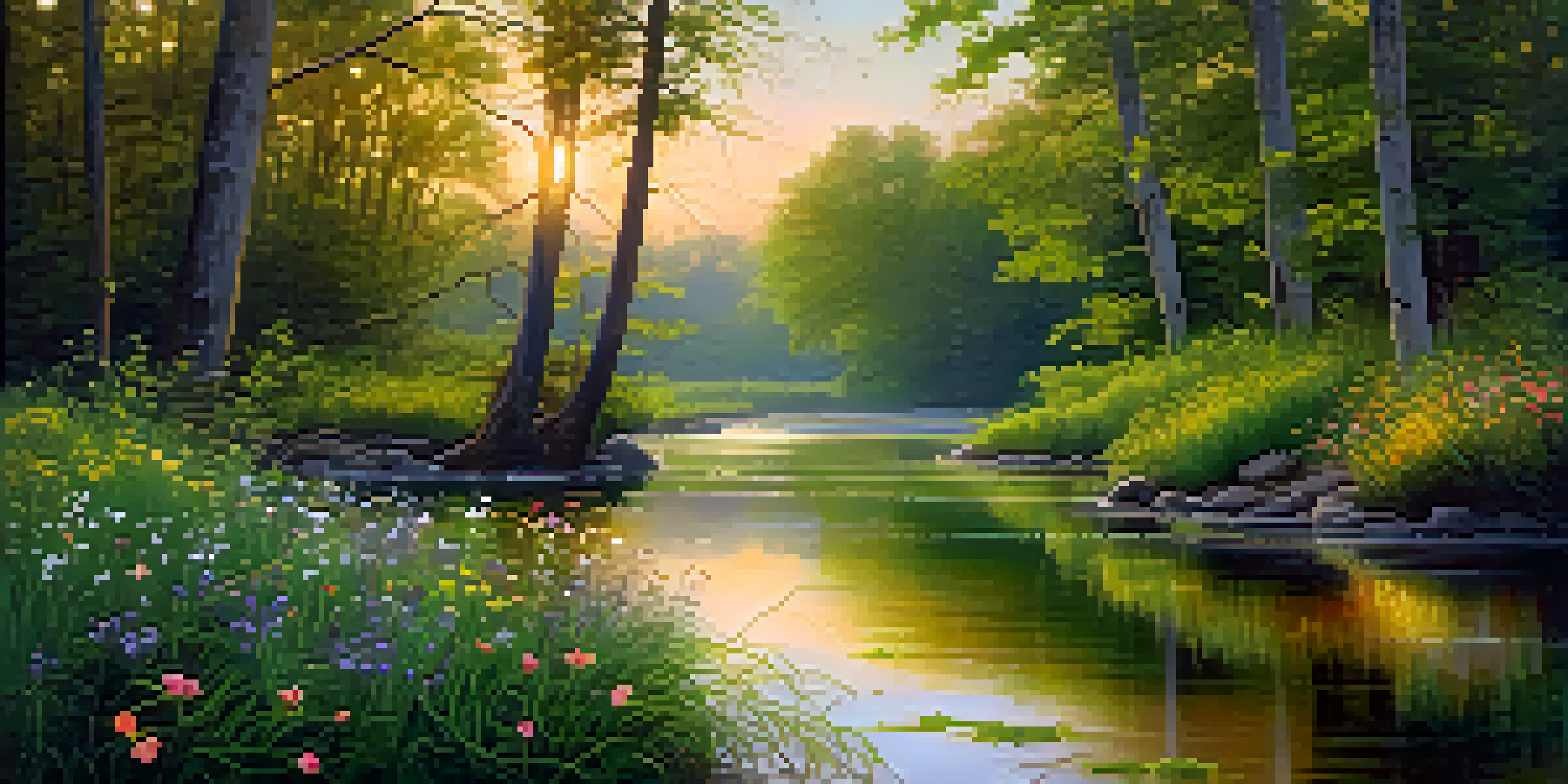 A tranquil forest at sunrise with a river and wildflowers, highlighting the beauty of nature.