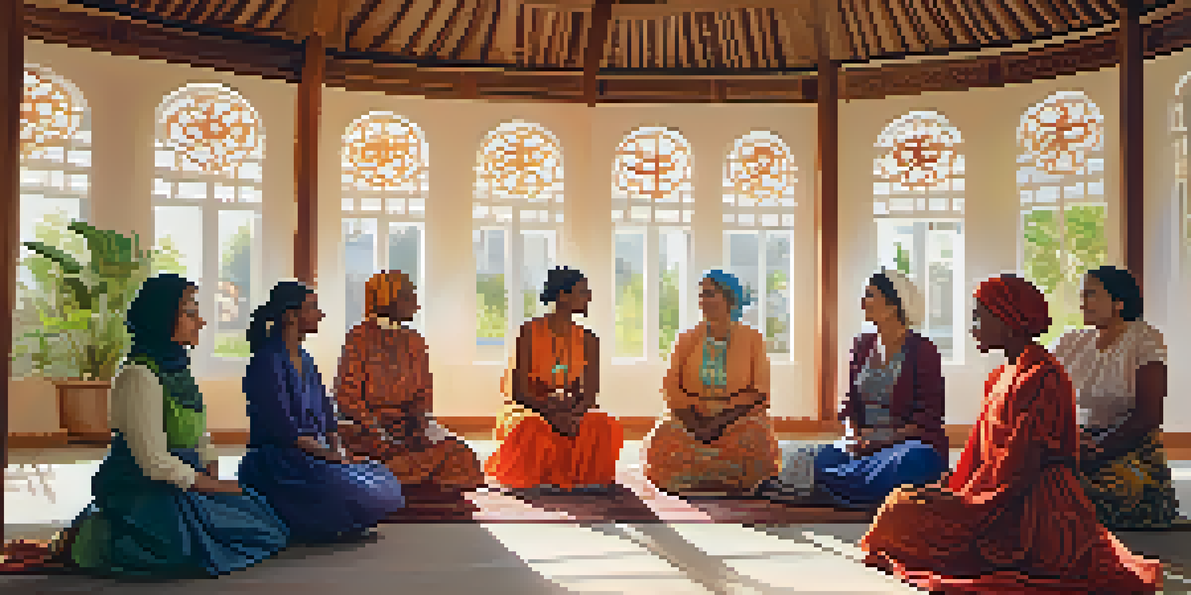 A diverse group of women from various cultures sitting in a circle, engaging in discussion in a bright community hall.