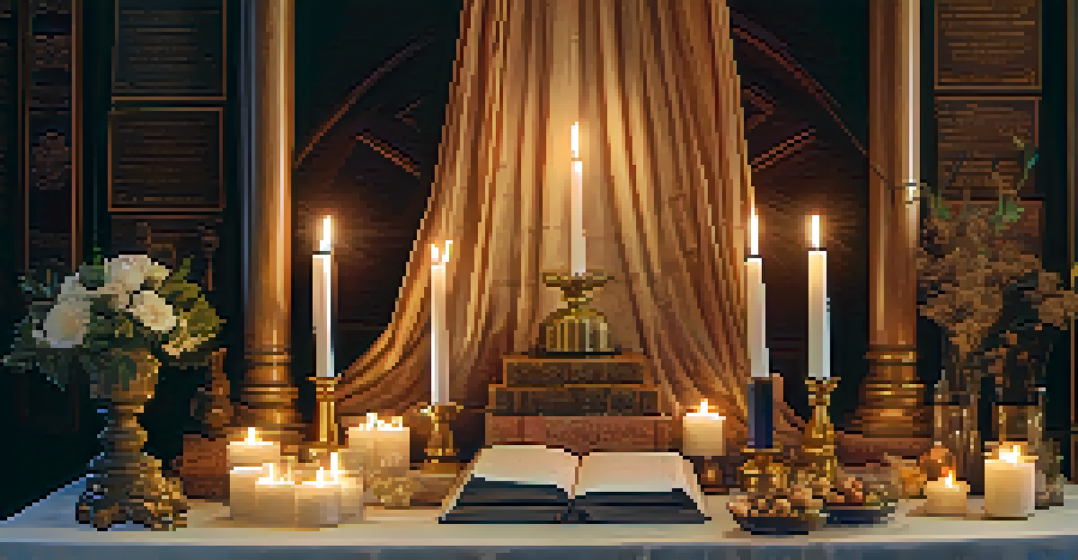 A close-up view of an altar with candles, crystals, flowers, and sacred texts, symbolizing feminine and masculine energies, with warm lighting.