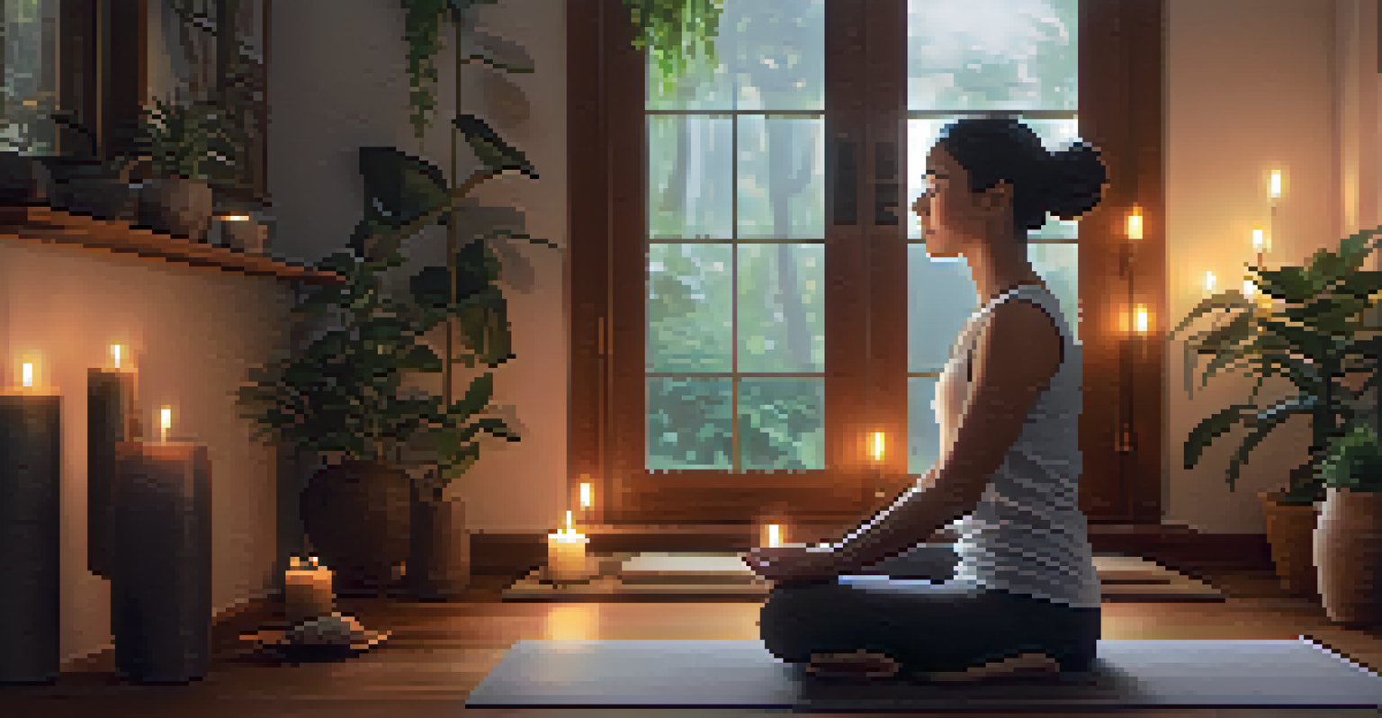A person meditating indoors with candles and plants, showing a serene expression and a peaceful atmosphere.