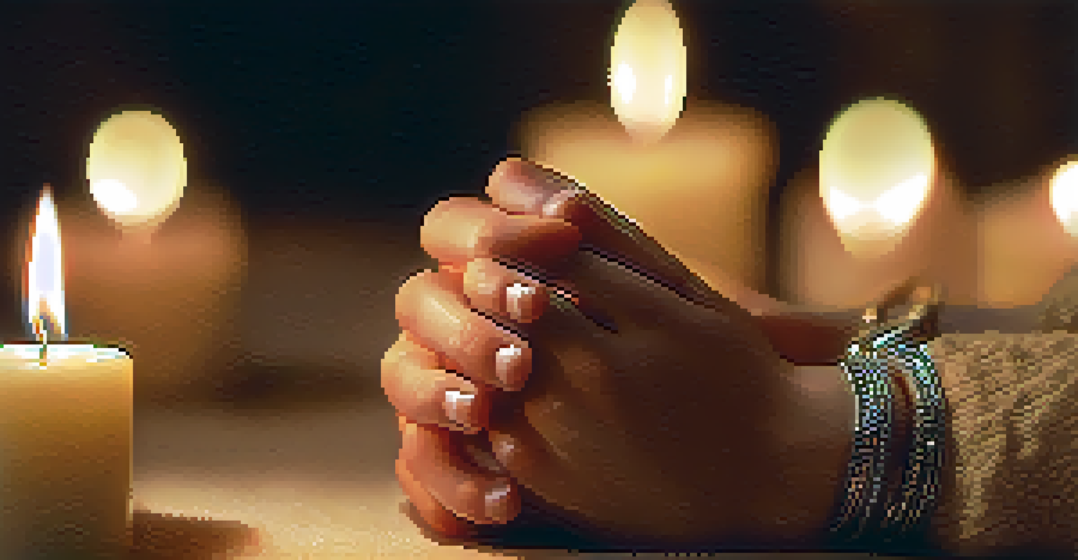 Close-up of clasped hands in prayer with flickering candles in the background, creating a serene atmosphere.