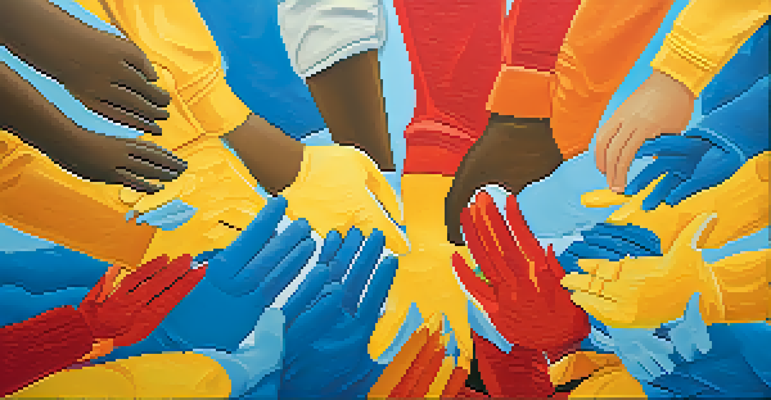 Close-up of diverse hands painting a mural that represents community and kindness, with colorful paint on a wall.