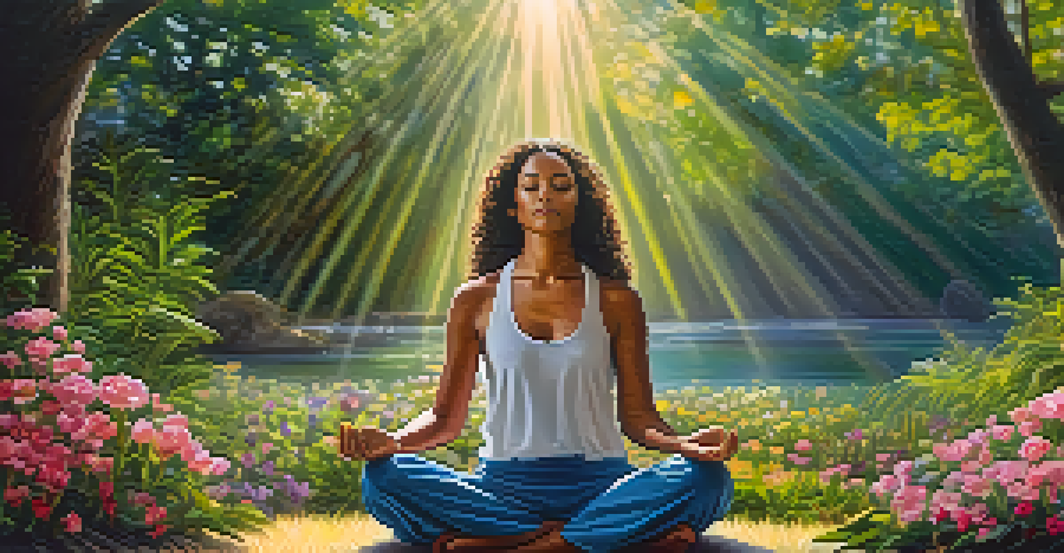 A person meditating in nature, surrounded by flowers and illuminated by soft sunlight.
