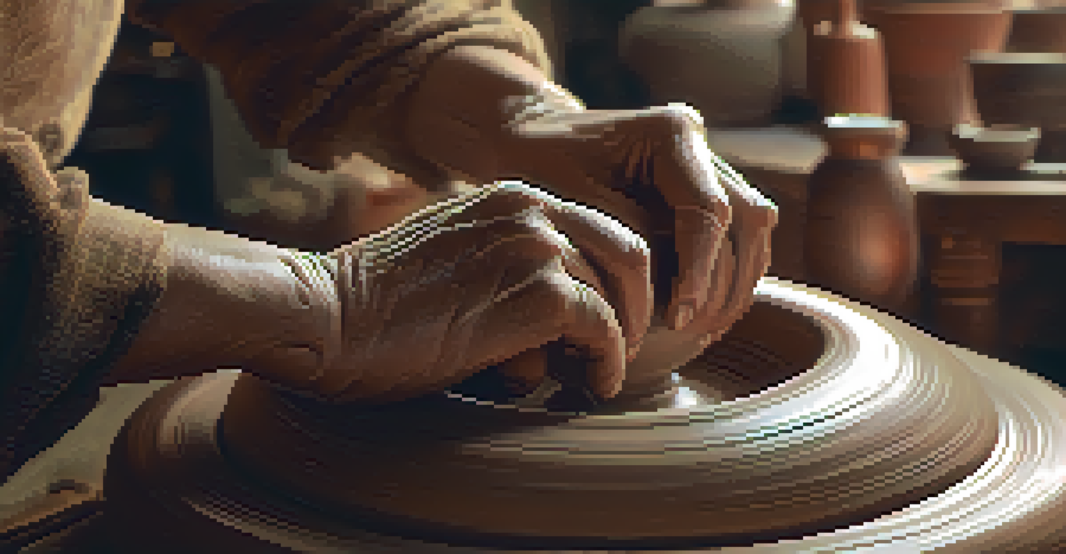 An artist's hands shaping clay on a potter's wheel in warm natural light.