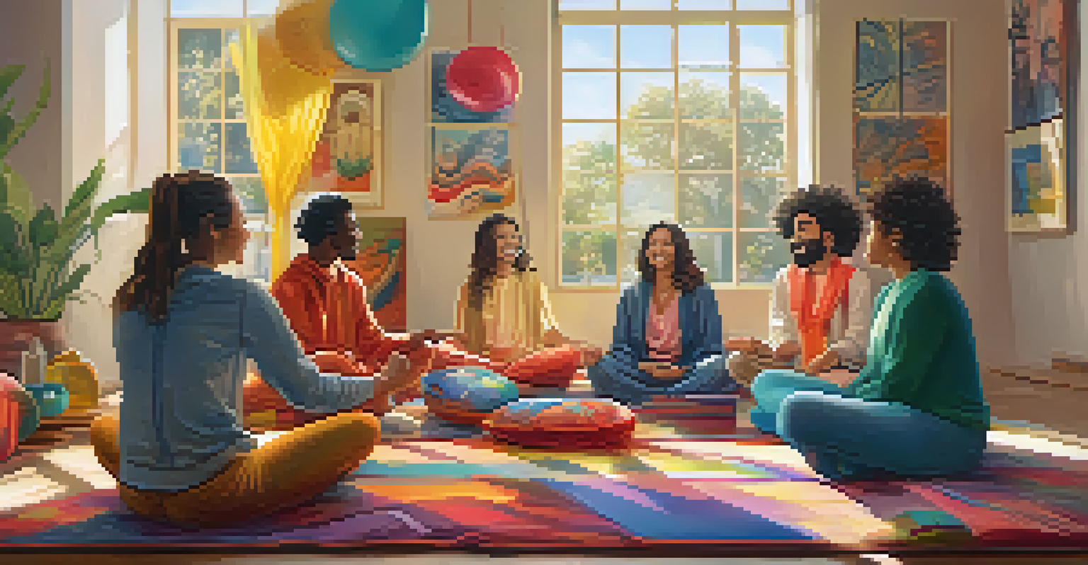 A cozy indoor space where friends are engaged in a playful group meditation session with colorful props and cushions, illuminated by sunlight.