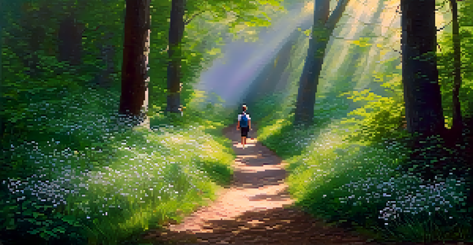 A peaceful forest path with sunlight filtering through the leaves, featuring a person meditating in a serene environment.