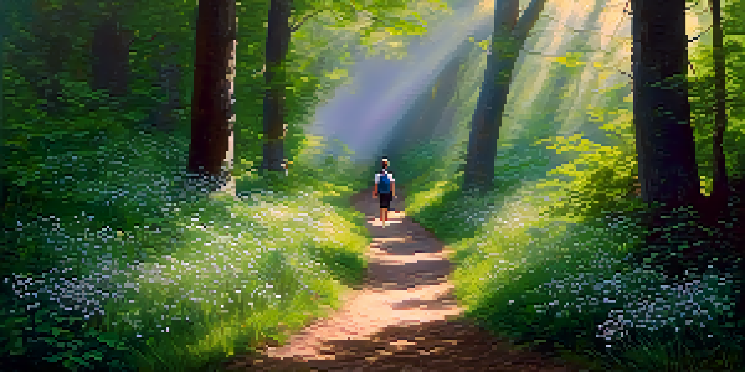 A peaceful forest path with sunlight filtering through the leaves, featuring a person meditating in a serene environment.