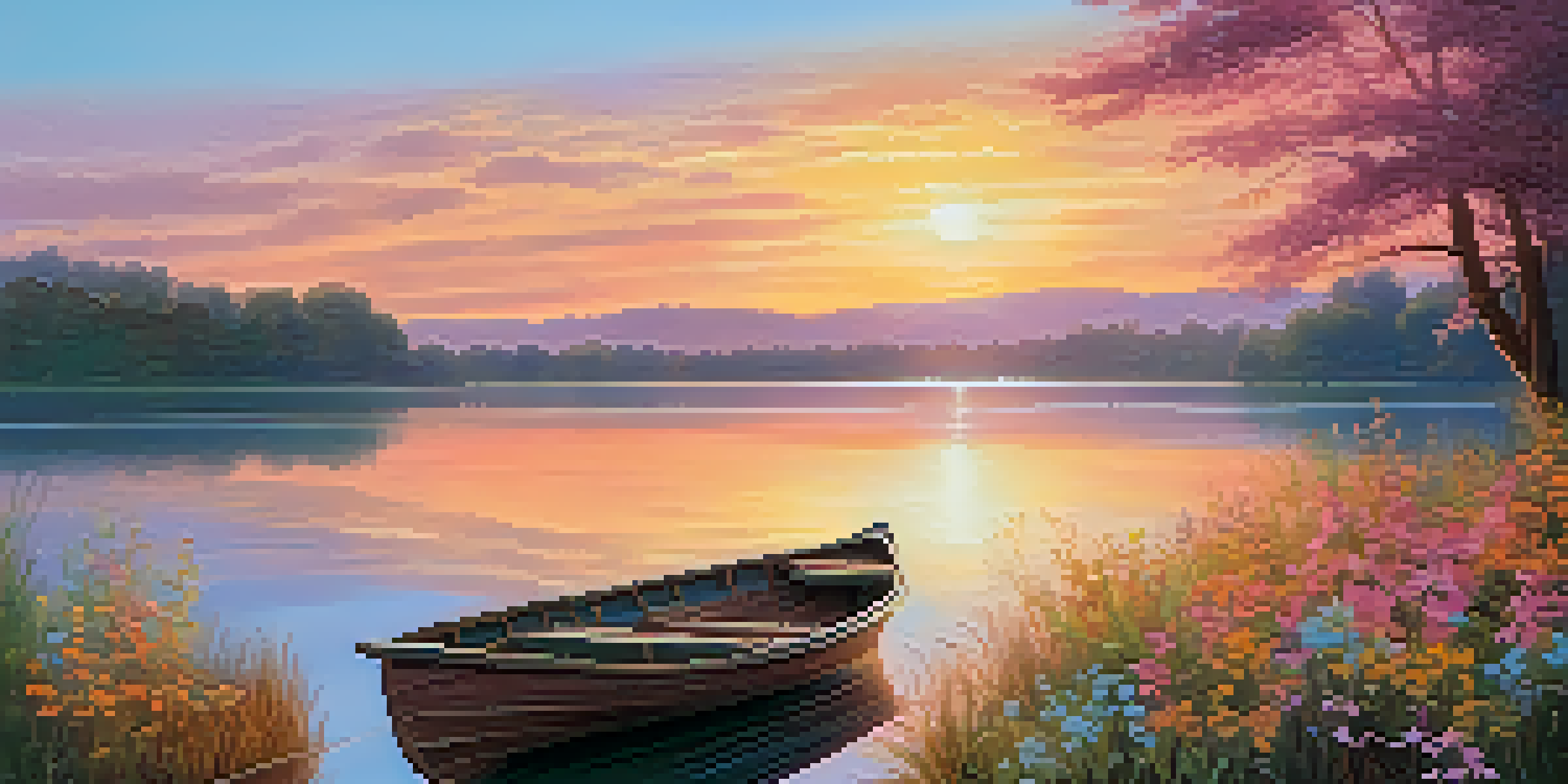 A peaceful sunrise over a calm lake with a small wooden boat and colorful flowers in the foreground.