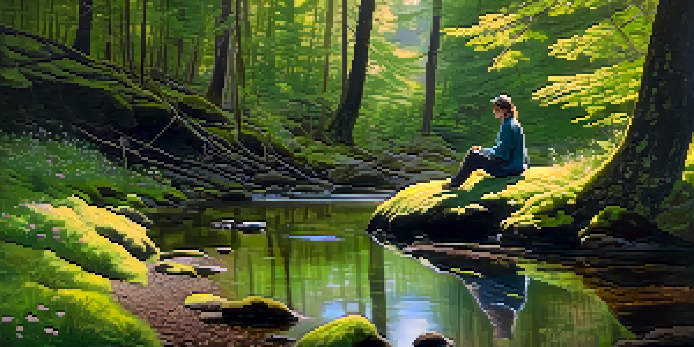 A tranquil forest scene with sunlight filtering through trees, a person meditating on a moss-covered rock beside a gentle stream.