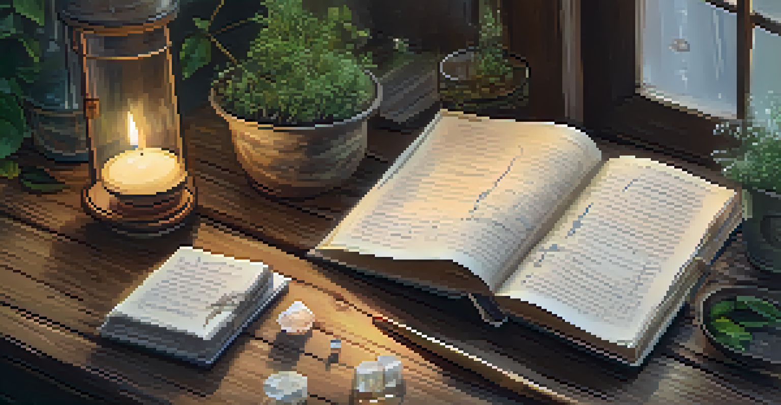 An open journal with handwritten notes on a wooden table, surrounded by a candle, tea, and crystals in a softly lit setting.