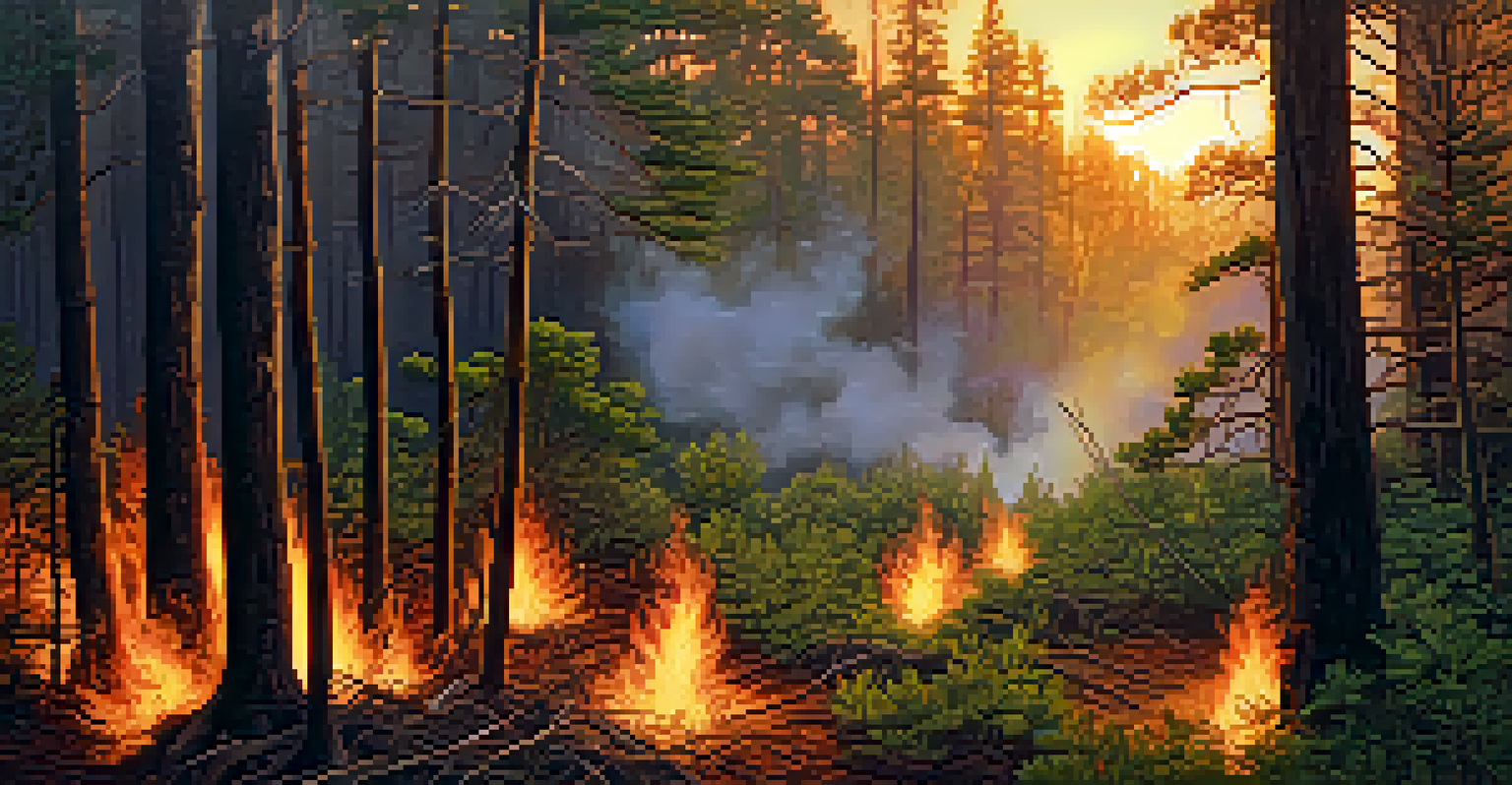 Close-up of Indigenous fire management techniques with flames in a lush landscape at sunset.