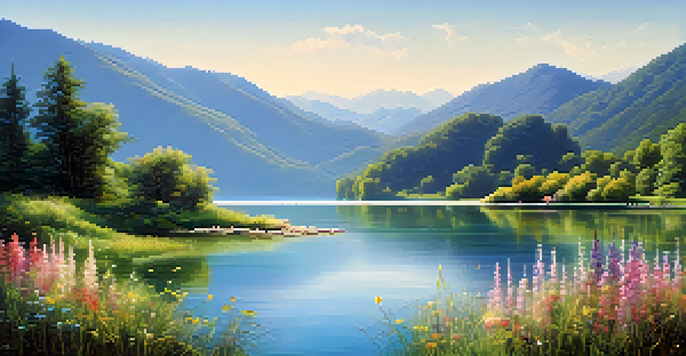 A peaceful lake with green mountains and a clear blue sky, illuminated by sunlight, with colorful wildflowers in the foreground.