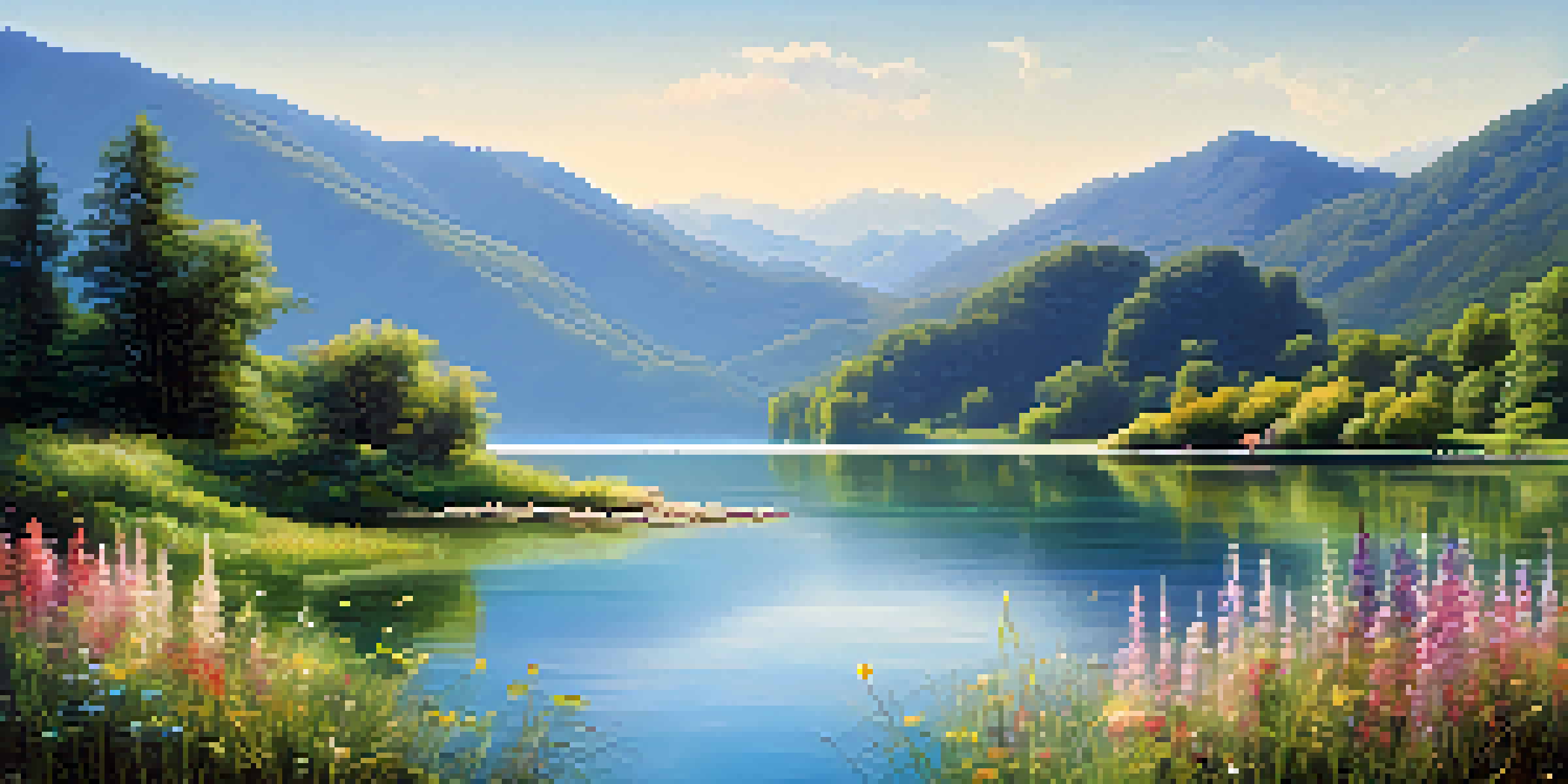 A peaceful lake with green mountains and a clear blue sky, illuminated by sunlight, with colorful wildflowers in the foreground.