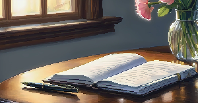 A gratitude journal open on a table, with a fountain pen, flowers, and a candle beside it.