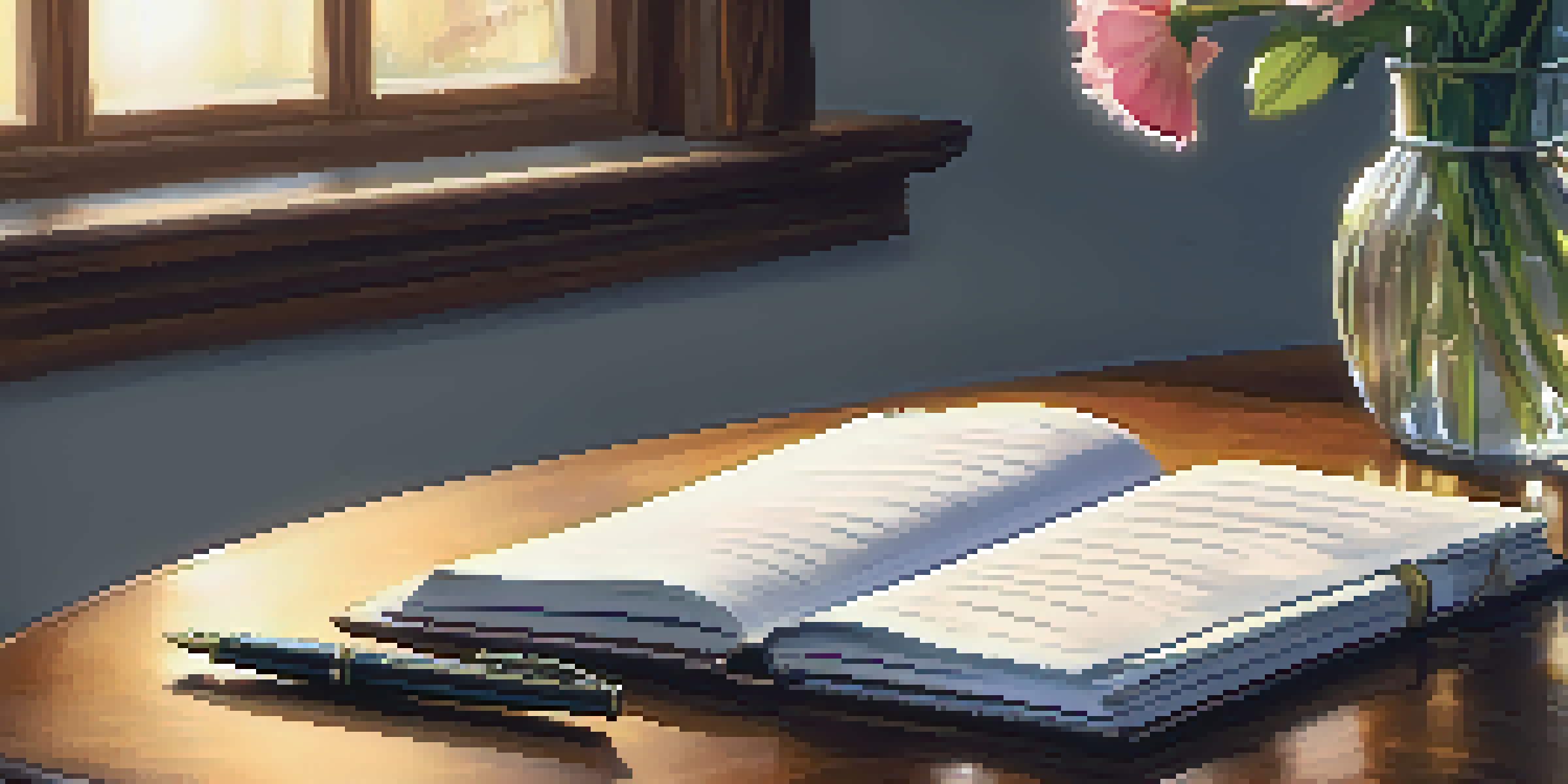 A gratitude journal open on a table, with a fountain pen, flowers, and a candle beside it.