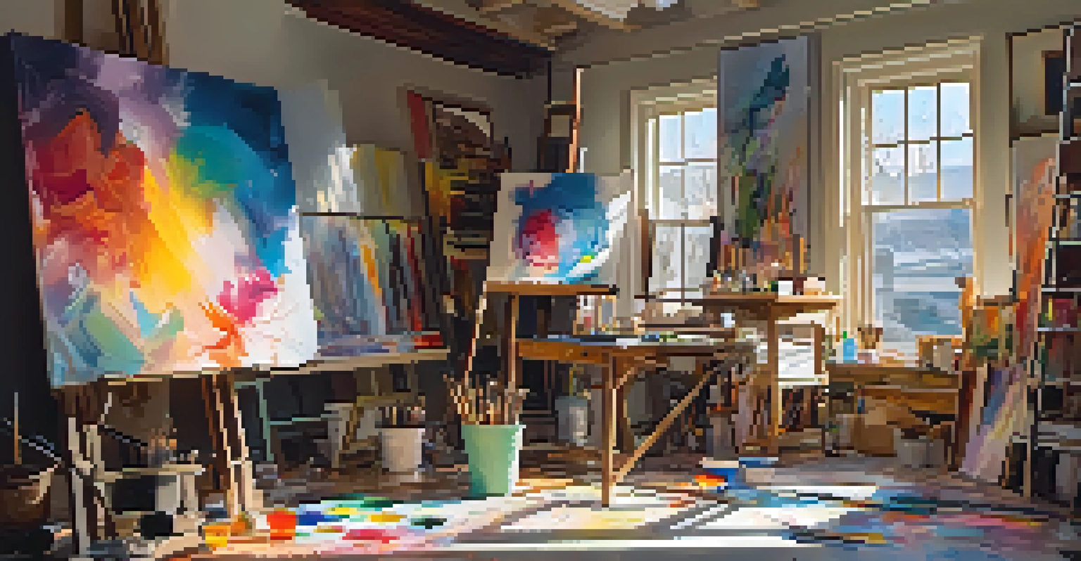 An artist's studio with a large canvas, colorful paints, and brushes, illuminated by sunlight, showcasing a creative environment.
