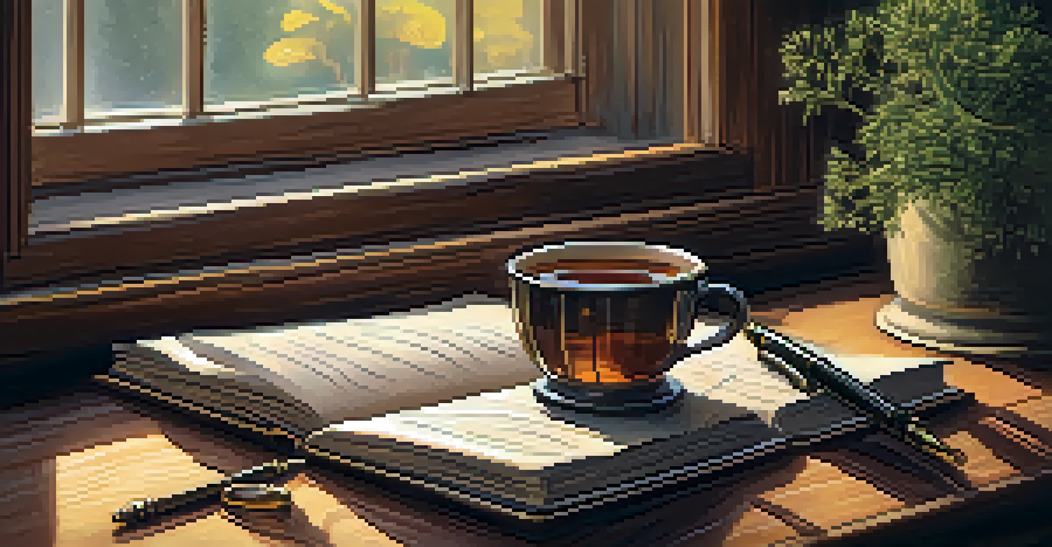 A journal on a wooden table with a fountain pen and a cup of herbal tea, creating a cozy atmosphere.