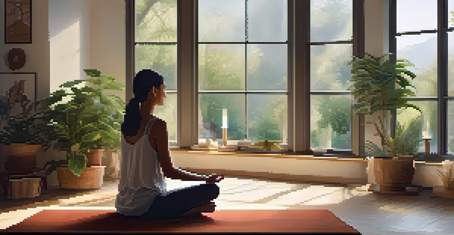 A cozy meditation space with a person meditating on a soft mat, surrounded by candles, plants, and warm natural light from a window.