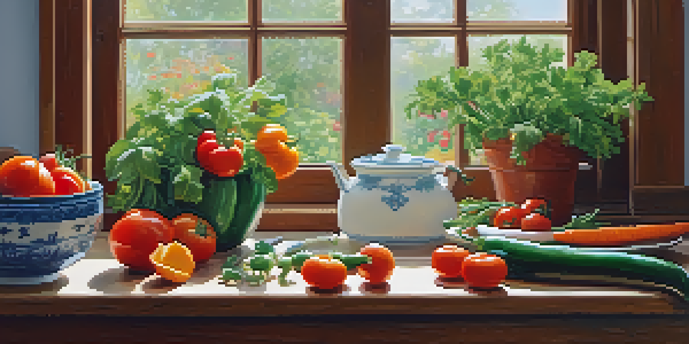 A calm kitchen with fresh vegetables on a wooden cutting board, natural light illuminating the space.