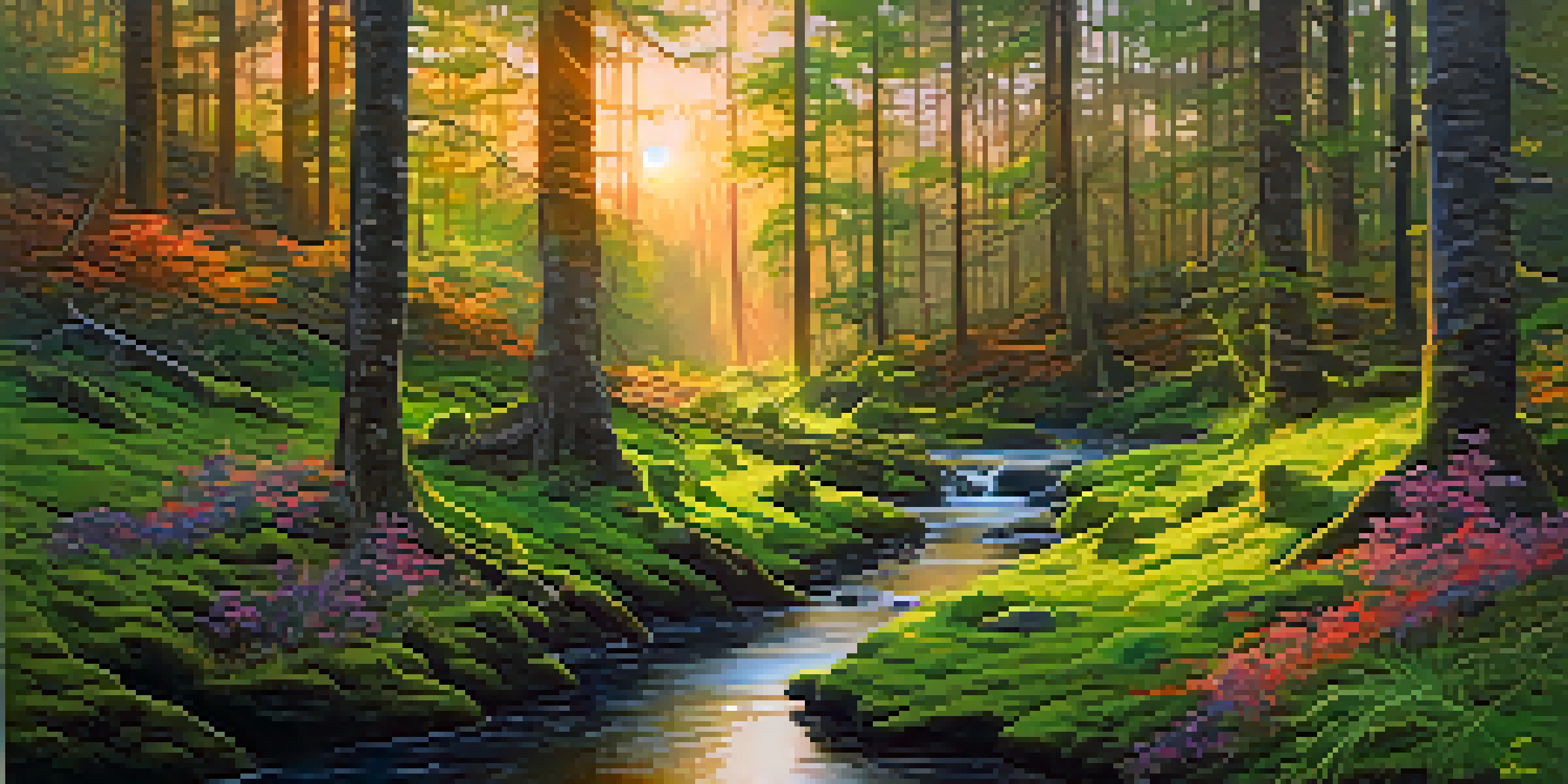 A peaceful forest scene at sunrise with sunlight filtering through trees, a stream, and blooming wildflowers.