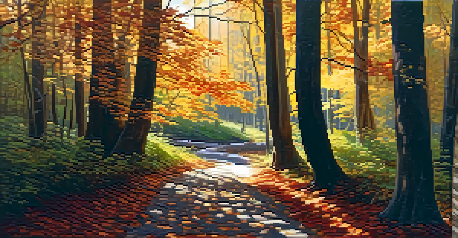 An autumn forest path filled with colorful leaves, sunlight filtering through trees, and a peaceful stream beside the trail.