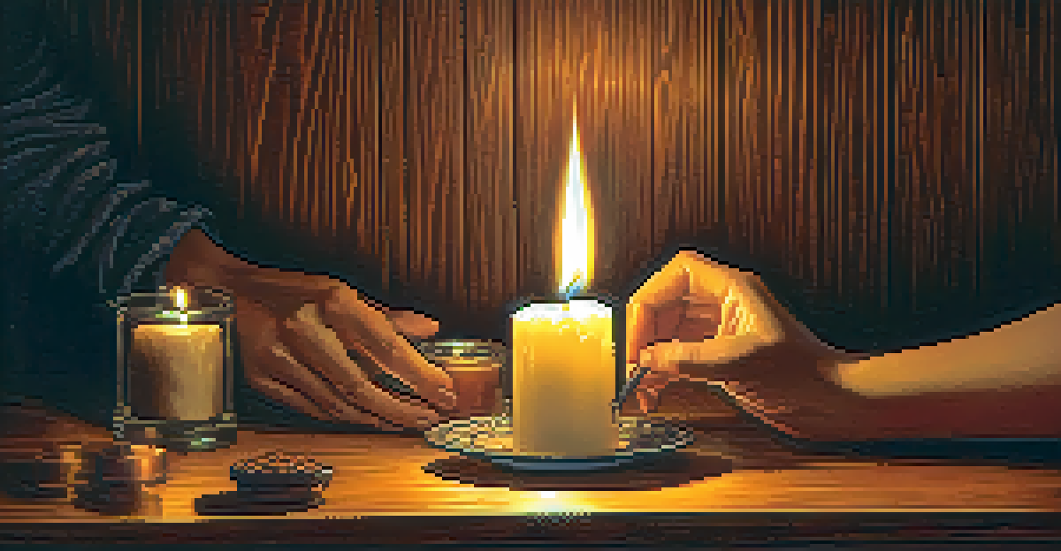 Close-up of hands holding a glowing candle with etched symbols, creating a warm and inviting atmosphere.