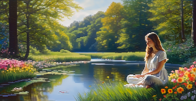 A young woman meditating in a vibrant garden filled with flowers and trees, with sunlight filtering through the leaves.