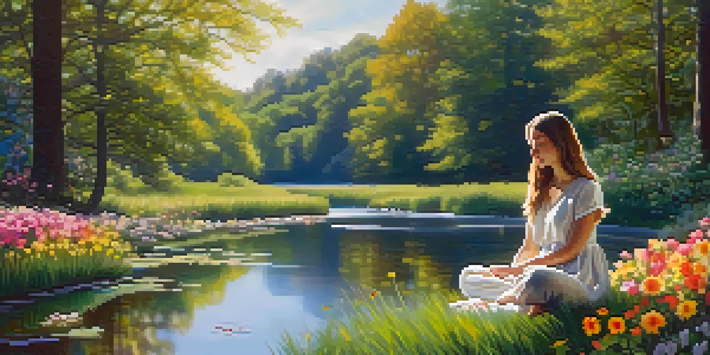 A young woman meditating in a vibrant garden filled with flowers and trees, with sunlight filtering through the leaves.