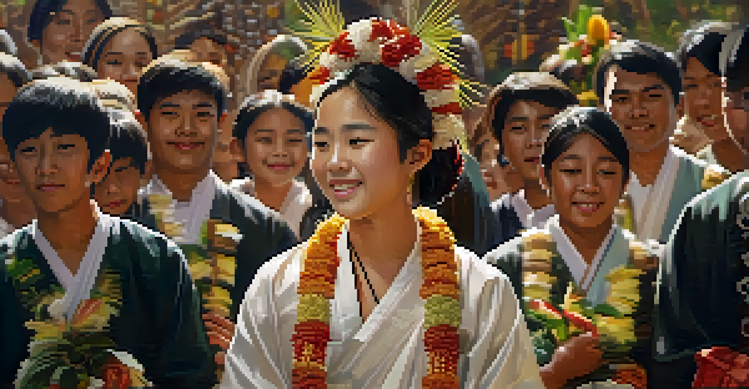 A young person participating in a coming-of-age ceremony with family members, highlighting emotional expressions and traditional attire.
