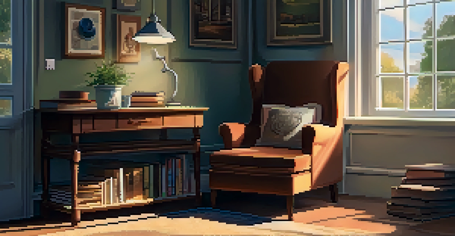 A cozy reading corner with an armchair, a cup of tea, and a stack of books.